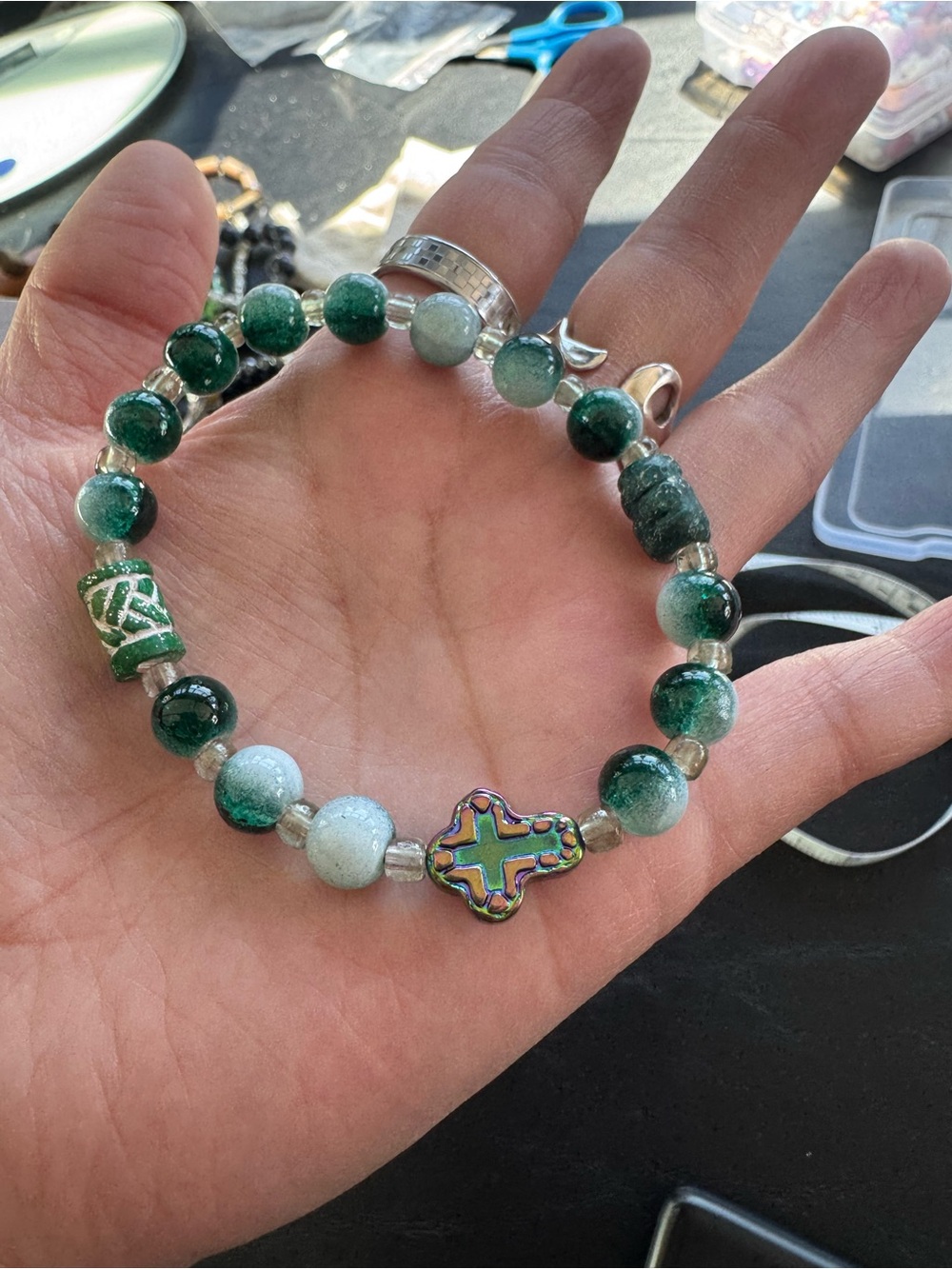 Green Beaded Cross Accent Bracelet - Women Jewelry